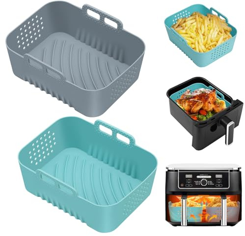 Alyvisun Molde Silicona Freidora de Aire, 2 Piezas Reutilizables para Recipiente Air Fryer para Cestas de 7,5L, 9L y 9,5L, Accesorios Antiadherentes, Ideales para Papas Fritas Crujientes (Gris+Azul)