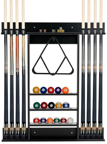 FANTASK Billard Queue Halter für 8 Queues & Billardzubehör, Billardständer Wandmontage, 3-stufig Billardqueueständer für Bars Clubs Spielzimmer (Schwarz)