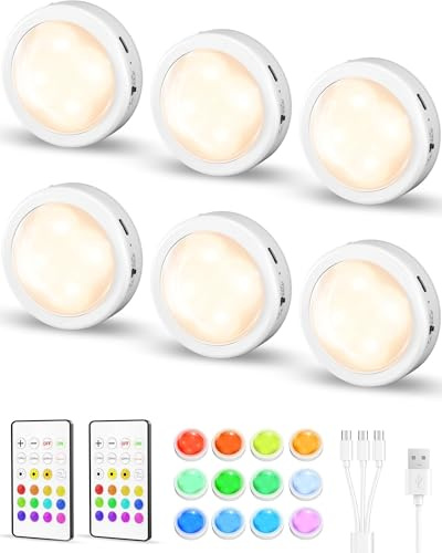 EZVALO Kabellose Schrankbeleuchtung, 3 Farben Dimmbar, RGB LED Nachtlicht mit Fernbedienung und Timing-Funktion, Aufladbar Unterbauleuchte für Schlafzimmer, Schrank,Treppen, Küche (Weiß, 6er Set)