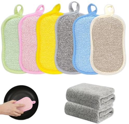 6-Pack Reusable Double Sided Kitchen Sponge, Hangable Microfibre Scouring Pads, Colorful Non-Scratch Dish Sponges with Cleaning Clothes for Dishes Pot Microwave Air Fryer