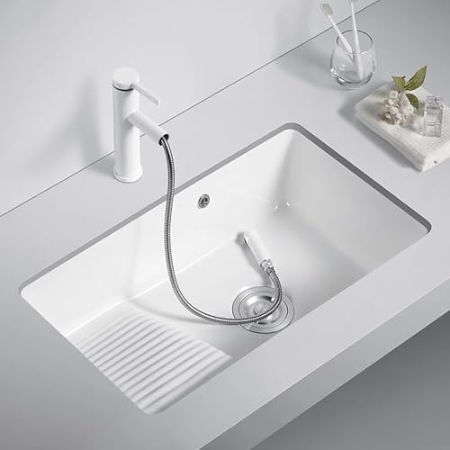 Lavatoio Lavanderia con Asse da Bucato, Lavabo Bagno in Ceramica, Lavandino Bagno, con Rubinetto Estraibile e Kit di Scarico Troppopieno, per Balconi, Lavanderie e Bagni(68x40cm/26.7x15.7in)