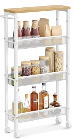 Relaxdays Carrello nicchia in Metallo Effetto Legno/Bianco, 4 Ripiani, salvaspazio Bagno/Cucina, 77x13x45 cm