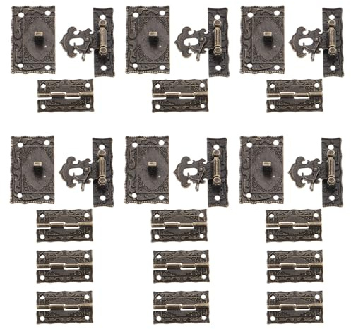 UKCOCO Set 18 Pezzi Ferramenta per Scatole di Gioielli Vintage, 6 Chiusure a Scatto e 12 Cerniere in Ferro Anticato, Accessori per Restauro Portagioie e Mobili D’epoca, Ferramenta per