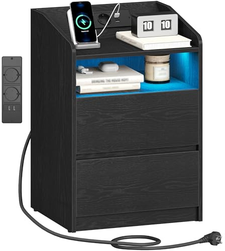Hzuaneri Table de Chevet avec Éclairage LED, Table de Nuit avec Multiprise | Table d'Appoint avec 2 Tiroir, 2 Ports USB, Compartiment Ouvert, Chambre, Salon, 35 x 40 x 58 cm Noir NS60004XEU