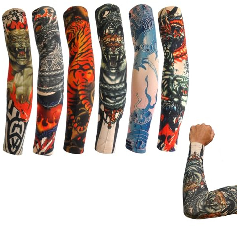Lot de 6 faux manches tatouages pour homme, chaussettes de protection UV pour costume de rockstar, carnaval, fête, Halloween, Noël