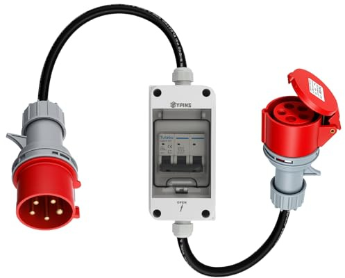 EYPINS CEE Adapter 32A Stecker auf 16A Kupplung mit LS-Schalter| 3-phasig, 400V, IP44 | Starkstrom-Adapter für E-Auto Laden, Baustelle, Industrie, Wallbox