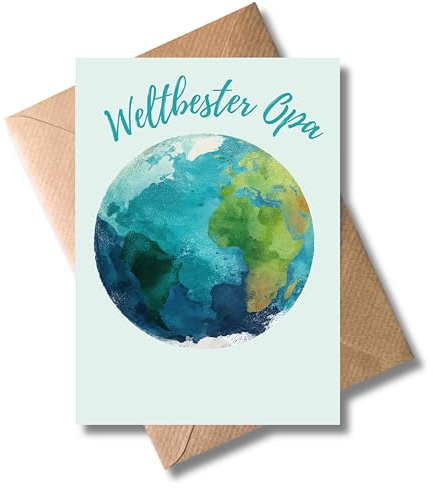 WBdesignz moderne Geburtstag Karte - Weltbester Opa - liebevolle Glückwunschkarte mit Umschlag - Danke Karte für Großvater im Aquarell Stil mit Weltkugel- auch zum Vatertag (DIN A6)
