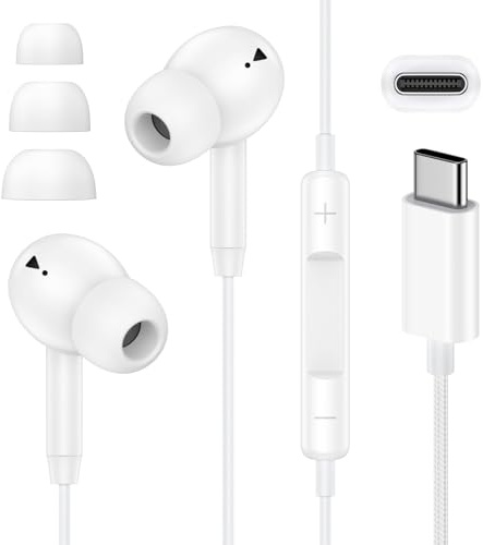 USB C Headphones for iPhone 17, Type C Earbuds with Microphone for iPhone | Noise Wired Earphone USB C for iPhone 16 iPad Pro Galaxy A17 S25 Ultra Wired Ear Buds in Ear TypeC Plug, White