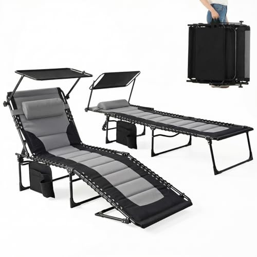 Clevich Sonnenliege Klappbar mit Dach,XXL,2er Set,Gepolstert,5 Rückenlehnen | Baumwolle,Stahl,Oxford-Stoff,199 × 66 cm,2 Beinpositionen,bis 150 kg,Kopfstütze,Seitentasche,für Pool,Garten,Balkon,Camping