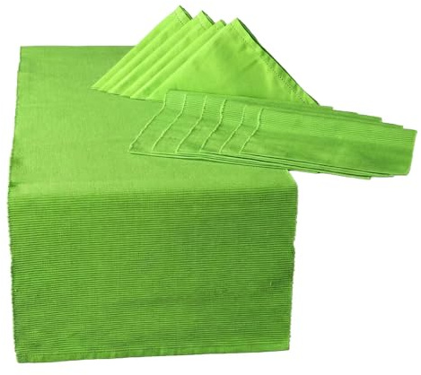 HOMESCAPES 13-teiliges Tischwäsche-Set grün: 1 Tischläufer, 6 Tischsets & 6 Stoffservietten aus 100 % Baumwolle in Limettengrün