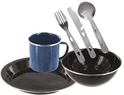 Enamel Camping Eating Set - Includes Knife, Fork, Spoon Set, Plate, Mug & Bowl (Navy)