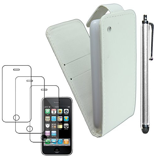 ebestStar - Coque Compatible avec iPhone 3 3GS Apple Etui Housse PU Cuir Rabat Flip + Stylet + 3 Films d'écran, Blanc [Appareil: 115.5 x 62.1 x 12.3mm, 3.5'']