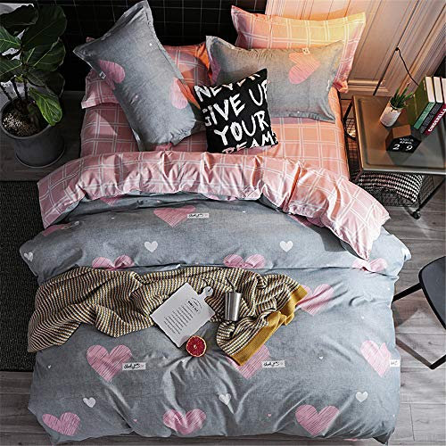 Morbuy Single Duvet Cover Set Grey Heart Bedding Set 3 Pieces, Girls Bedroom Soft Comfy Microfiber Stripe Reversible Duvet Cover with 2 Pillow Cases (Single-135x200CM, Pink love)