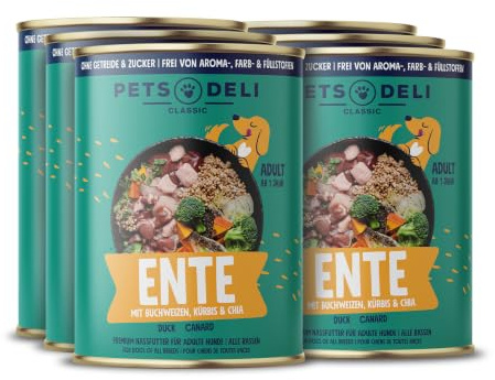 Pets Deli Classic Nassfutter für Hunde mit Ente, 6x400g | Ente & Huhn schonend verarbeitet, mit Kürbis, Brokkoli & Chia, getreidefrei, ohne Zucker, Premium Qualität