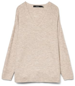 Jersey de Punto V Cuello Manga Larga suéter Tejido VMCREWLEFILE, Color:Beige, Talla:S