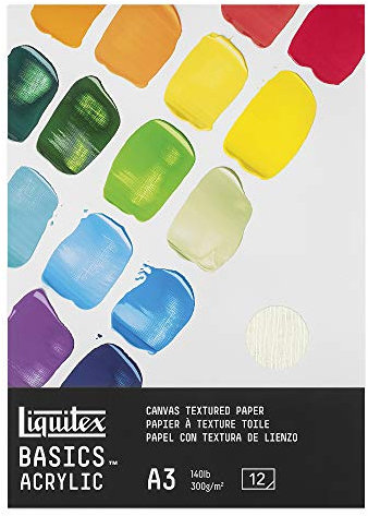 Liquitex 4602005 Basics Acrylpapier - Malblock für Acrylfarben, 12 Blatt weiß, 300 g/m² schweres Malpapier für Acrylmalerei, 100% säurefrei mit Leinwandprägung - A3