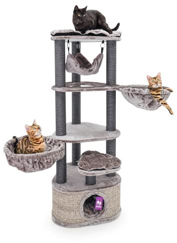 Petrebels Kratzbaum in Triangelform, Catharina 160 cm, Design Kratzbaum mit XXL Hängematten und Katzenhöhle, Farbe Cappuccino