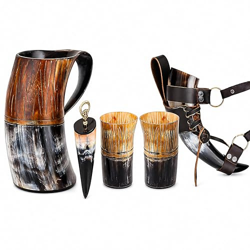 Brainmart Viking Drinking Horn Mug Set | 7-Piece Collection with 16oz Dire Wolf Engraved Mead & Beer Mug, Shot Cups, Bottle Opener, Leather Strap, Belt Holster & Drinking Horns | Norse Gift for Men