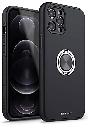 STILGUT Case kompatibel mit iPhone 12 Pro (6.1“) Handyhülle mit Fingerhalter & Ring-Ständer, Hülle mit 360 Grad drehbarer Smartphone Fingerhalterung/Ringhalter - Schwarz