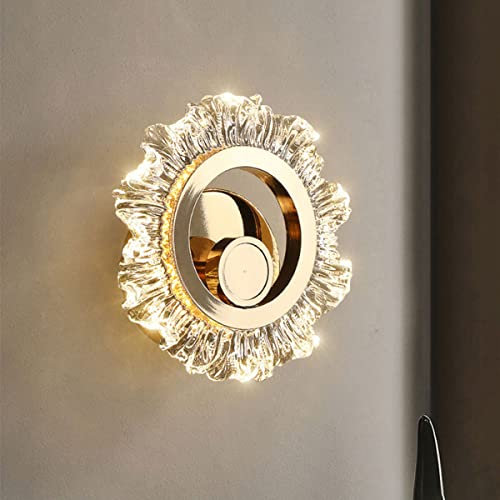 LOGT Wandlampe Modern Innen Dimmbar LED Kristall Wandleuchte Gold Wandbeleuchtung Runde Schlafzimmer Nachttischlampe Crystal 6W Beleuchtung Deko Licht Flurlampe Fur Esszimmer Treppe Hotel 3000K-6000K