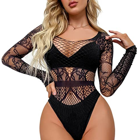 Bommi Fairy Body sexy da donna, in rete, a maniche lunghe, con scollo rotondo, per donne, Nero/3, Taglia unica