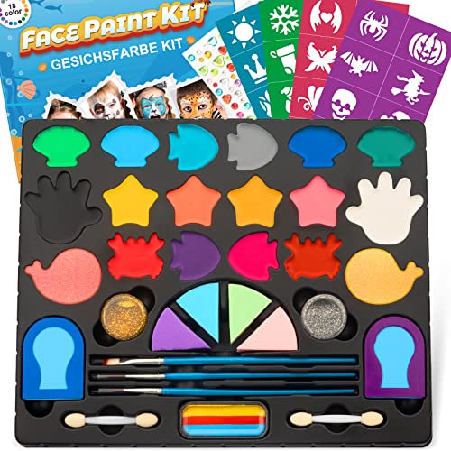 Kinderschminke Set, Oukzon 18 Große 32 PCS Professionelle Gesichtsfarbe mit 32 Schablonen, 116 Strasssteine, 2 Haarkreide, Glitzer - Kinder, Mädchen Schminkset Geschenk für Weihnachten Halloween