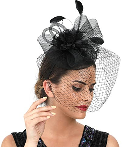OSALADI Schleier Schwarz Fascinator Hut Tea Party Hut mit Schleier Mesh Gesicht Schleier Hut Faszinator Haarclip Hut für Frauen Schwarz Hut Mit Schleier Schwarz