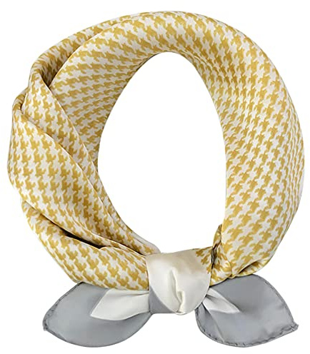 Camilife Damen Mädchen Kunstseide Schal Quadratischer Seidenschal Halstuch Haarschal Kopftuch Gürtel Weich Glatt Elegant Damenschal Einfach klassisch 70×70cm - Houndstooth Gelb