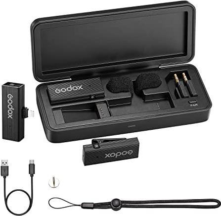 Godox MoveLink Mini LT Kit2 kabelloses Mikrofon für iPhone,100 m Reichweite,Geräuschunterdrückung,2,4 G kabelloses Lavalier-Mikrofon mit Ladehülle für iPhone