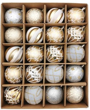 SVNVIOZ 20 Stück 6cm Weihnachtskugeln Set Gold Weiß, Christbaumkugeln Kunststoff Deko Weihnachten, Bruchsicher Weihnachtsbaumschmuck mit Aufhänger, Weihnachtsbaumkugeln für Weihnachtsdeko Innen Aussen