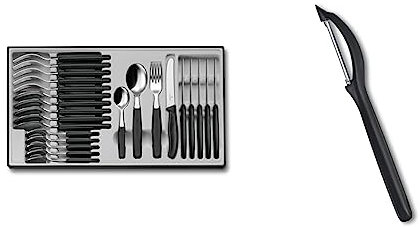 Swiss Classic Tafelbesteck mit Tomatenmesser, 24-teilig, schwarz & Universalschäler mit Pendelklinge für Obst und Gemüse - Extra scharf - Zackenschliffklinge/Zweischneidig - Swiss Made - Schwarz