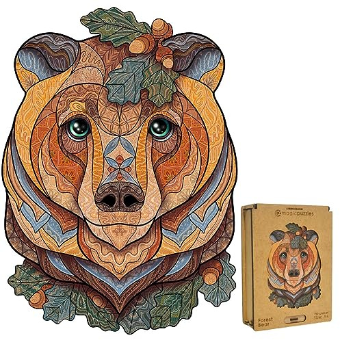 Lubiwood Verspielters Tierform-Holzpuzzle (29x21 cm) - Fördert Beobachtungsfähigkeiten und Zufriedenheit - kommt mit Holzgeschenkbox - Waldbär, Medium (A4)