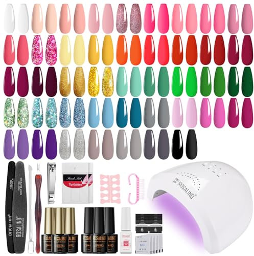 ROSALIND 43PCS Gelnägel Starterset Nagelset Weiß Schwarz Grau Rosa 48W UV LED Lampe Nagellack Set mit UV Lampe Starterset Top Coat Base Gel Gelnägel Maniküre Set Komplett