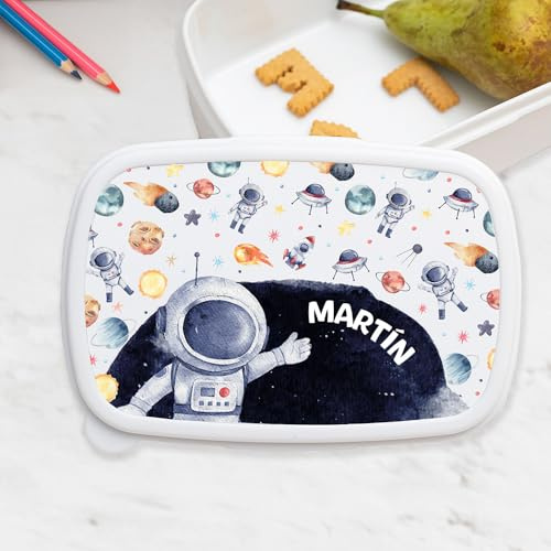 Transparent Gift Fiambrera Infantil Personalizada con Nombre Astronauta Espacio. Fiambreras para Niños y Niñas. Porta Bocadillos para Colegio y Guardería. Caja Almuerzo y Merienda Vuelta al Cole