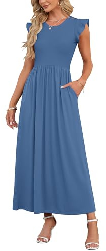 AUSELILY Maxiklänning för damer, volangklänning, korta kronbladsärmar, lång klänning med fickor, ledig stil, elastisk hög midja, Beja Blue, XXL