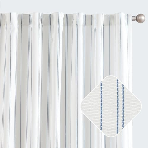 jinchan White Curtains Blue Striped Curtains 84 Inch Length for Living Room Bedroom Window Treatment Modern Linen Look Ticking Stripe Pinstripe Privacy Light Filtering Back Tab Rod Pocket 2 Panels