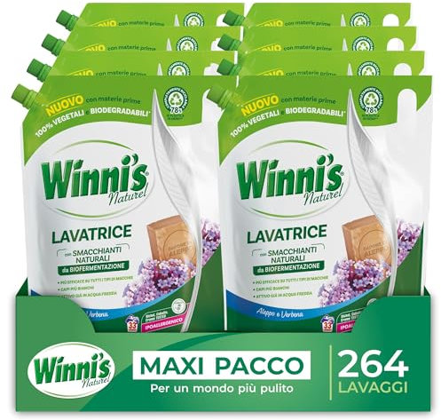 Winni's - Detersivo Lavatrice Ipoallergenico Ecoformato, 264 Lavaggi, con Smacchianti Naturali da Biofermentazione, Fragranza Aleppo e Verbena, Con Materie Prime Vegetali, 1485 ml x 8 Confezioni