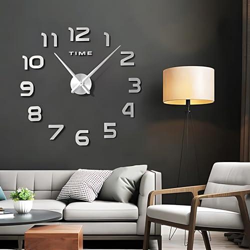 SHOPROM Orologio da Parete Adesivo Grande - Orologio da Parete Moderno Grande da 60 a 120 Cm - 3d Wall Clock Silenzioso (ARGENTO)