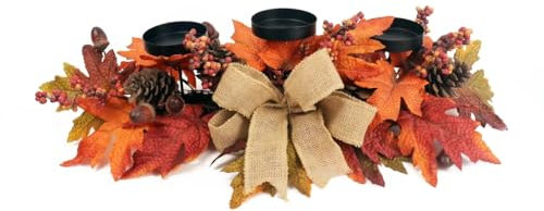 Fall Candle Holder Centerpiece with Maple Leaves, Pinecones, Berries & Burlap Bow,Thanksgiving Table Centerpiece Decoration for Dining Table, Mantel & Autumn Harvest Home Décor