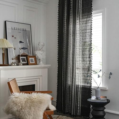 Bishilin Gardinen Baumwolle Schwarz Weiß 2er Set, Vorhänge Lichtdurchlässig mit Ösen Bedruckt Geometrie 150x160CM Vorhänge Halbtransparent Küche Wohnzimmer