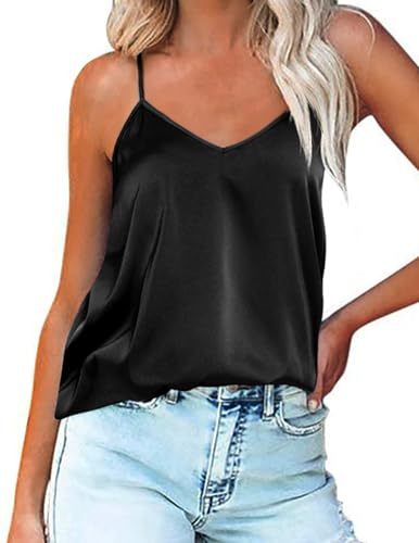 Ekouaer Damlinne silke damer satäng linnen v-ringad justerbar rem ärmlös cami väst topp S-XXL, Svart, L