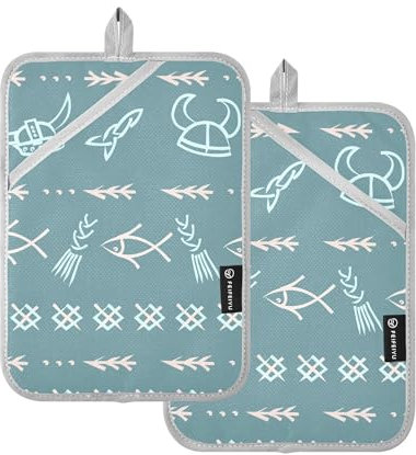 Süße handgezeichnete Topflappen im Retro-Stil, skandinavische Wikingerornamente, hitzebeständige Topflappen für Küche, 2 Stück mit Tasche, Ofen-Pad, heiße Topflappen