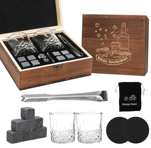 RANJIMA Juego de vasos de whisky, piedras de whisky, regalo de San Valentín para hombres, con caja de madera y grabado, 8 piedras de whisky y 2 vasos de whisky, regalo de cumpleaños para padre,