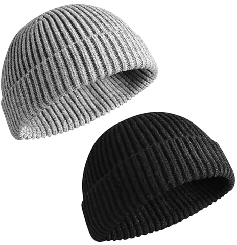 UieaMsio Men's Winter Hat, Pack of 2 Beanie Hat for Men and Women, Warm Winter Hat, Fisherman Beanie, Retro Trawler Winter Beanie Hat, Trawler Hat, Unisex (Black + Grey), gray, 7 1/4