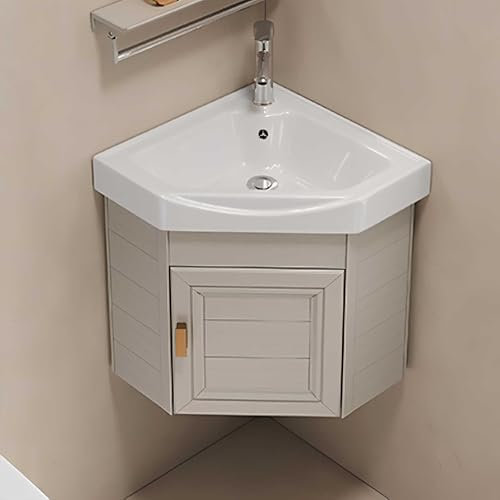 Moderno mueble de baño esquinero montado en la pared con fregadero combinado pequeño de cerámica para la colada, grifo caliente y frío incluido, ideal para espacios pequeños