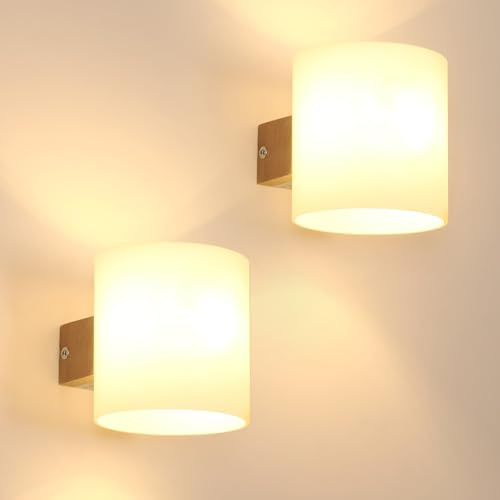 Tealight Wandleuchte Innen Holz 2 Stuck, Wandlampe innen holz, Vintage Wandlampe Treppenhaus E27, Lampenschirm aus Glas Wandbeleuchtung für Treppe Wohnzimmer Schlafzimmer Flur, Nicht Leuchtmittel