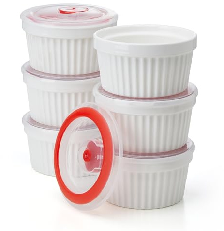 Sweese 6-Pack 8 oz Porcelain Ramekins with Lids, White Souffle Dishes for Baking, Creme Brulee Cups, Oven-Friendly Pudding Custard Bowls – Versatile Kitchen Essentials for Baking and Storing