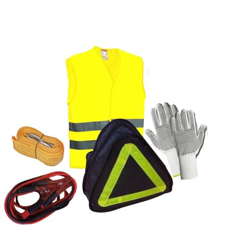 Kit ideale per qualsiasi evenienza di pronto soccorso auto. Il kit comprende: 1 paio di guanti, cavi batteria da 150amp, corda traino 3m, giubbotto catalifrangente