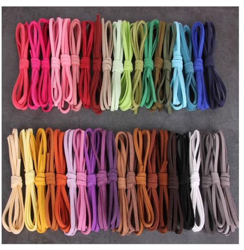 ThaiRoot 40 Colori x 1M Cordoncino in Cuoio colorato Cordoncino in Cuoio Scamosciato 3 mm Cordoncino Scamosciato Cordoncino Piatto in Cuoio Resistente allo Strappo Catenella Cordoncino