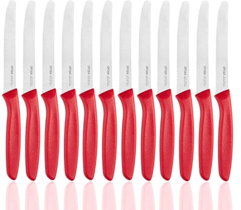 OPOLIA Frühstücksmesser Wellenschliff 12 Stück,Rot,Premium Edelstahl Tafelmesser, Tomatenmesser Scharf,Buttermesser,Brötchenmesser,Stabiler Kunststoffgriff,Spülmaschinenfest